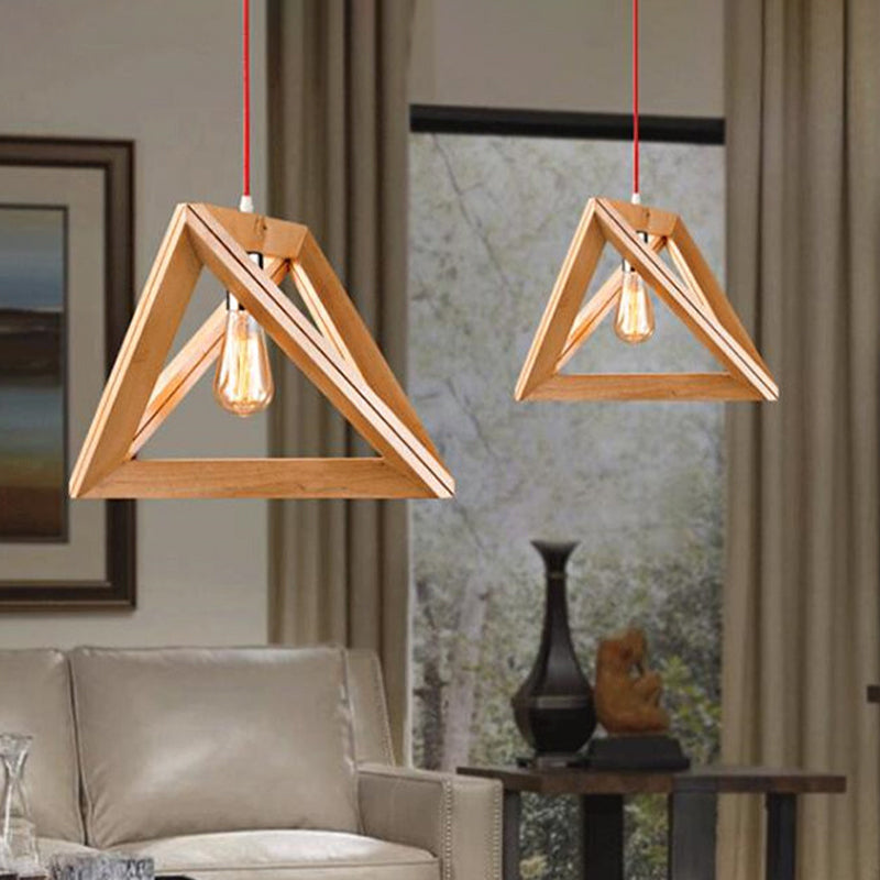 Simple Single Bulb Drop Pendant Beige Triangle Hanging Light with Wood Cage, 12.5