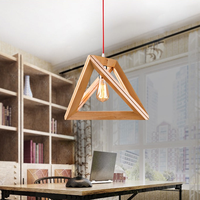 Simple Single Bulb Drop Pendant Beige Triangle Hanging Light with Wood Cage, 12.5