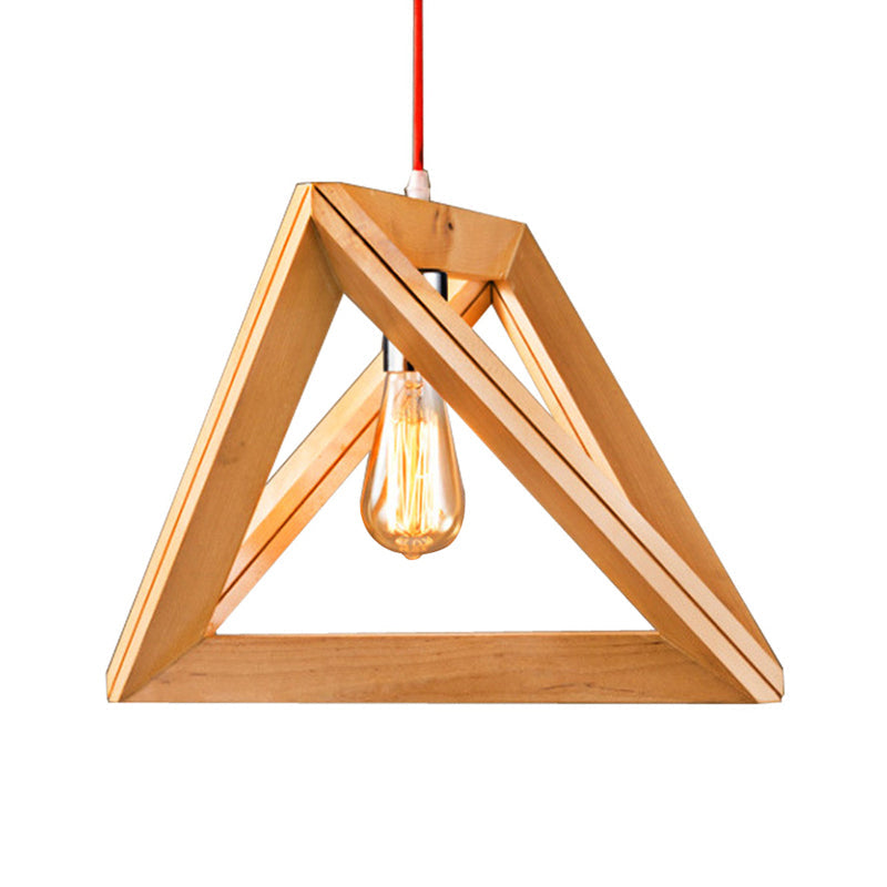 Simple Single Bulb Drop Pendant Beige Triangle Hanging Light with Wood Cage, 12.5