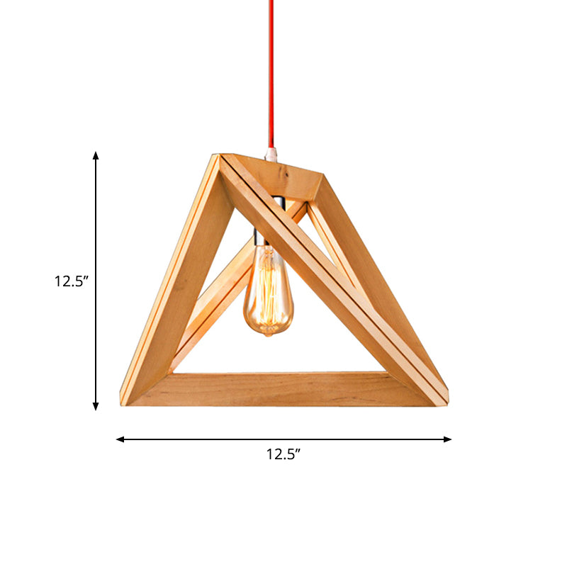 Simple Single Bulb Drop Pendant Beige Triangle Hanging Light with Wood Cage, 12.5