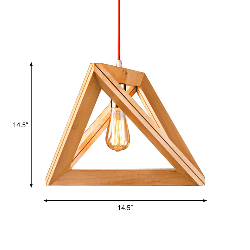 Simple Single Bulb Drop Pendant Beige Triangle Hanging Light with Wood Cage, 12.5