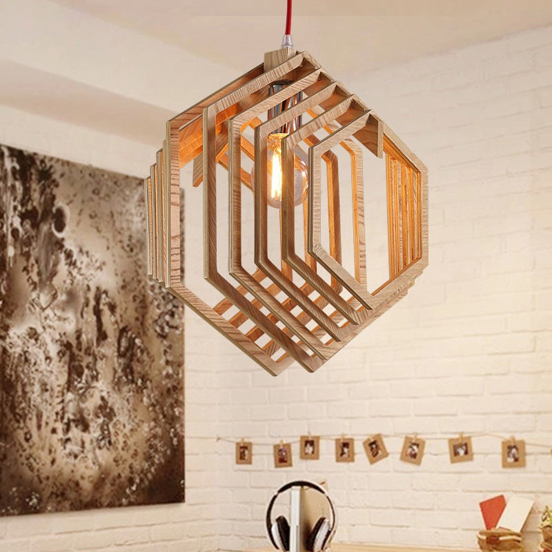 Layered Hexagon Hanging Lamp Modern Wood 1 Bulb Dining Room Ceiling Pendant Light in Brown Clearhalo 'Ceiling Lights' 'Modern Pendants' 'Modern' 'Pendant Lights' 'Pendants' Lighting' 1949119