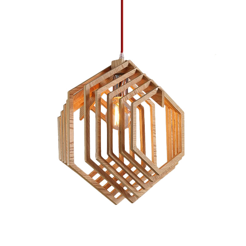 Layered Hexagon Hanging Lamp Modern Wood 1 Bulb Dining Room Ceiling Pendant Light in Brown Clearhalo 'Ceiling Lights' 'Modern Pendants' 'Modern' 'Pendant Lights' 'Pendants' Lighting' 1949121