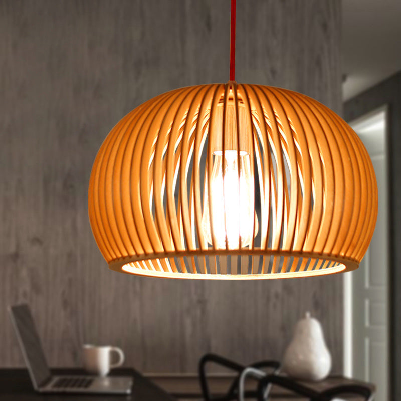 Wood Hemisphere Pendant Lighting Minimalist Single-Bulb Beige Ceiling Hang Lamp, 14