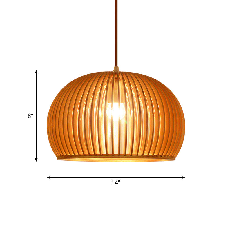 Wood Hemisphere Pendant Lighting Minimalist Single-Bulb Beige Ceiling Hang Lamp, 14