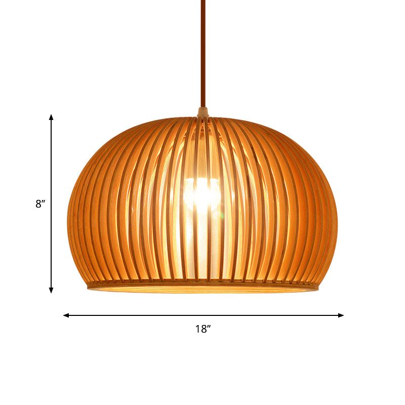 Wood Hemisphere Pendant Lighting Minimalist Single-Bulb Beige Ceiling Hang Lamp, 14