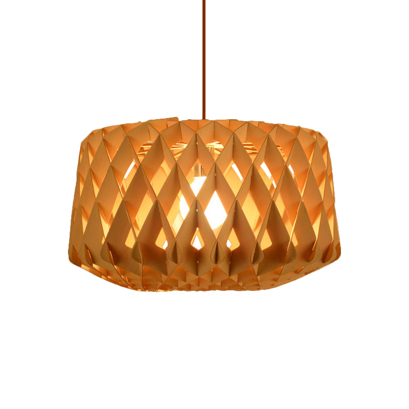 Cross-Weaving Wood Drum Pendant Lamp Contemporary 1 Head Beige Suspended Lighting Fixture Clearhalo 'Ceiling Lights' 'Modern Pendants' 'Modern' 'Pendant Lights' 'Pendants' Lighting' 1949153