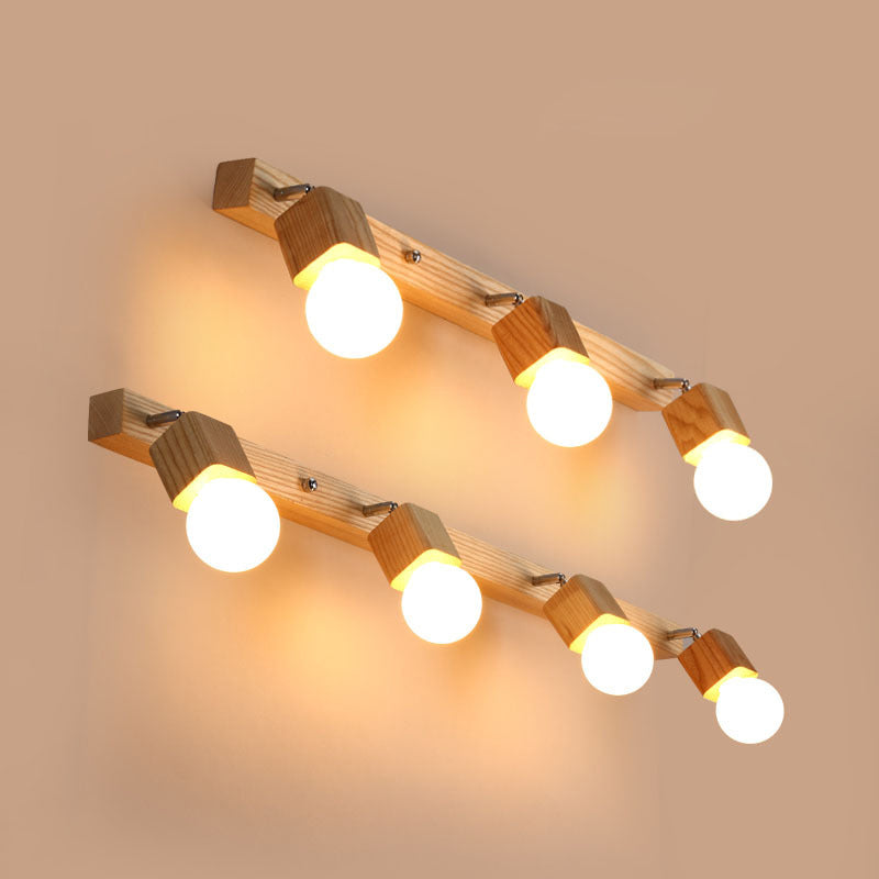 Wood Bare Bulb Design Vanity Lamp Nordic 2/4/5 Bulbs Beige Adjustable Wall Mount Light Fixture Clearhalo 'Modern wall lights' 'Modern' 'Vanity Lights' 'Wall Lights' Lighting' 1949212