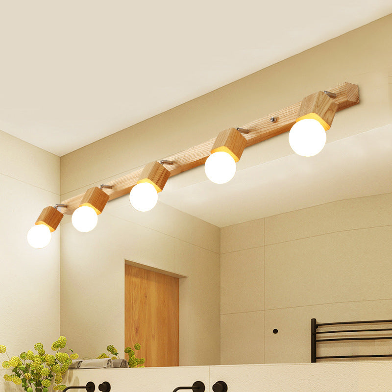 Wood Bare Bulb Design Vanity Lamp Nordic 2/4/5 Bulbs Beige Adjustable Wall Mount Light Fixture 5.0 Wood Clearhalo 'Modern wall lights' 'Modern' 'Vanity Lights' 'Wall Lights' Lighting' 1949222