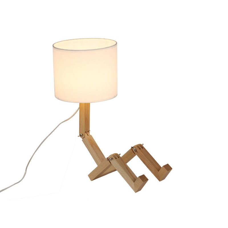 Man-Shaped Table Lamp Novelty Modern Wood Single Beige/Black/White Night Light with Book Rack Design and Cylinder Fabric Shade Clearhalo 'Lamps' 'Table Lamps' Lighting' 1949334