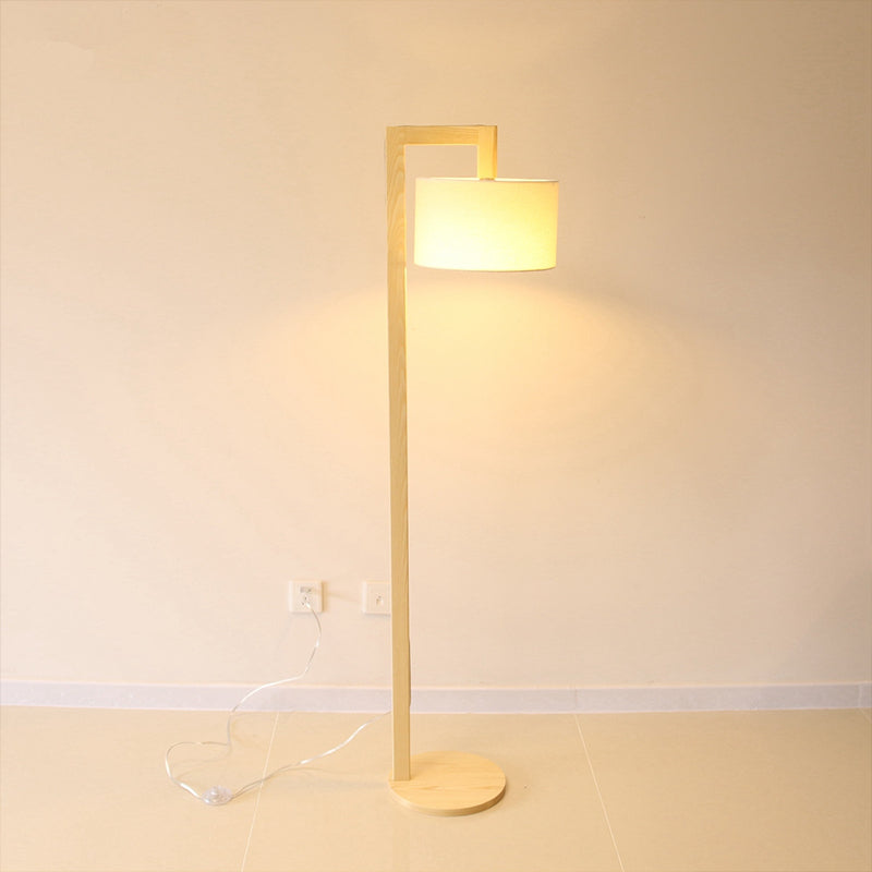 Cylindrical Fabric Floor Lamp Minimalist 1 Bulb Wood Stand Up Lamp with Right Angled Pole Clearhalo 'Floor Lamps' 'Lamps' Lighting' 1949427