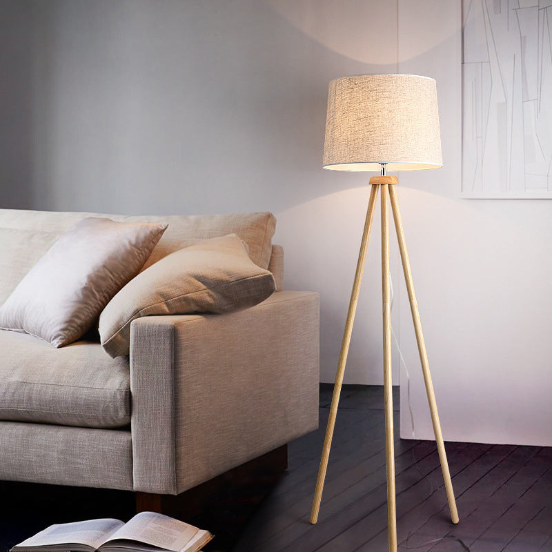 Minimalistic 1 Light Tripod Floor Light White Drum Standing Floor Lamp with Fabric Shade Clearhalo 'Floor Lamps' 'Lamps' Lighting' 1949432