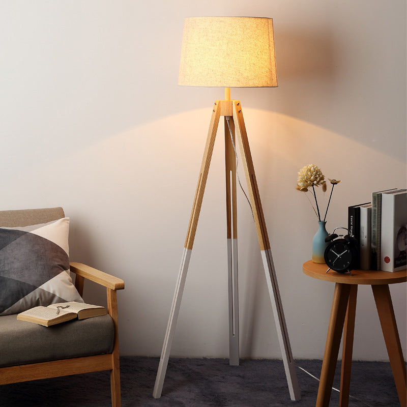 3-Legged Drum Shade Floor Light Modern Fabric 1 Bulb Black/White and Wood Floor Standing Lamp for Living Room White Clearhalo 'Floor Lamps' 'Lamps' Lighting' 1949445