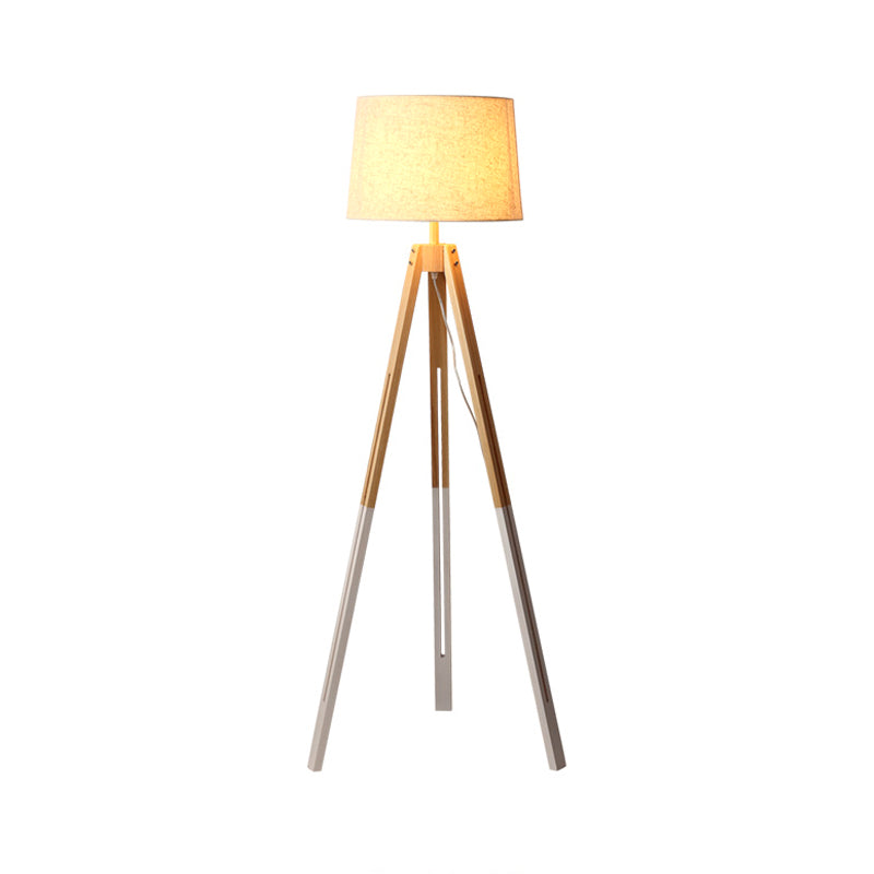 3-Legged Drum Shade Floor Light Modern Fabric 1 Bulb Black/White and Wood Floor Standing Lamp for Living Room Clearhalo 'Floor Lamps' 'Lamps' Lighting' 1949448