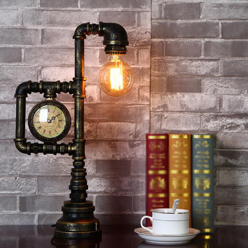 Retro Plumbing Pipe Night Light 1 Head Iron Table Lighting with Clock in Bronze for Bedroom Bronze Clearhalo 'Lamps' 'Table Lamps' Lighting' 1950023