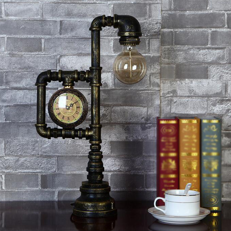 Retro Plumbing Pipe Night Light 1 Head Iron Table Lighting with Clock in Bronze for Bedroom Clearhalo 'Lamps' 'Table Lamps' Lighting' 1950024