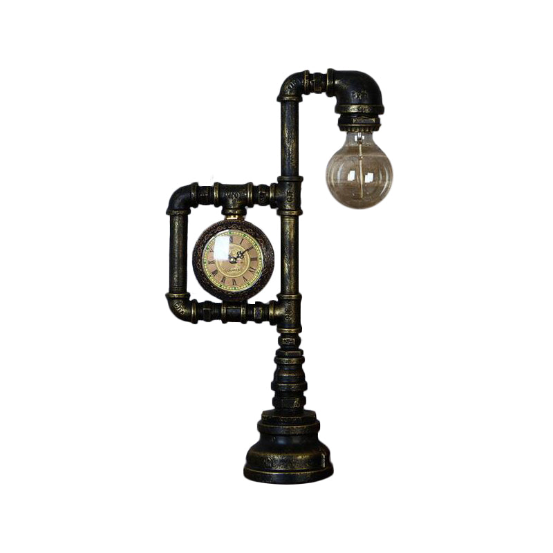 Retro Plumbing Pipe Night Light 1 Head Iron Table Lighting with Clock in Bronze for Bedroom Clearhalo 'Lamps' 'Table Lamps' Lighting' 1950026