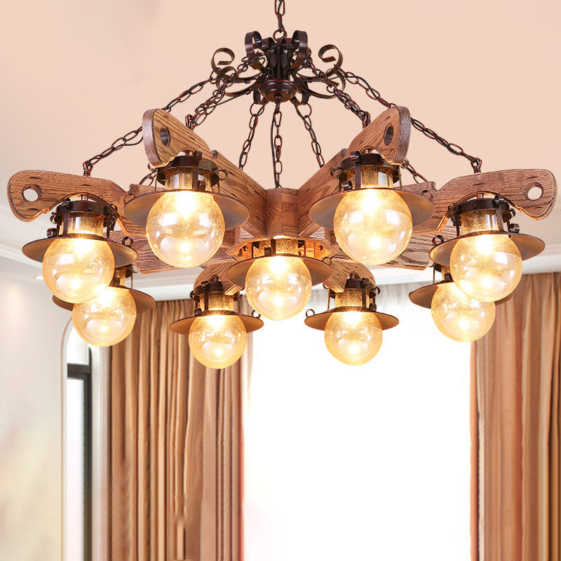 5/9 Lights Ball Pendant Lighting Cognac Seeded Glass Industrial Chandelier in Rust 9 Wood Clearhalo 'Carpenter Chandeliers' 'Ceiling Lights' 'Chandeliers' 'Industrial Chandeliers' 'Industrial' 'Middle Century Chandeliers' 'Modern' 'Tiffany' Lighting' 1950140