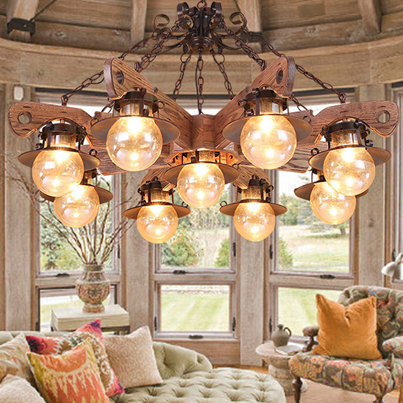 5/9 Lights Ball Pendant Lighting Cognac Seeded Glass Industrial Chandelier in Rust Clearhalo 'Carpenter Chandeliers' 'Ceiling Lights' 'Chandeliers' 'Industrial Chandeliers' 'Industrial' 'Middle Century Chandeliers' 'Modern' 'Tiffany' Lighting' 1950141