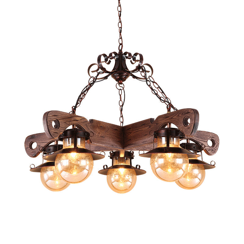 5/9 Lights Ball Pendant Lighting Cognac Seeded Glass Industrial Chandelier in Rust 5 Wood Clearhalo 'Carpenter Chandeliers' 'Ceiling Lights' 'Chandeliers' 'Industrial Chandeliers' 'Industrial' 'Middle Century Chandeliers' 'Modern' 'Tiffany' Lighting' 1950145