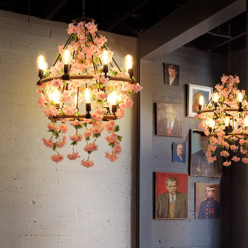 Round Restaurant Pendant Chandelier Industrial Metal 6/8/14 Heads Pink Hanging Ceiling Light with Flower Decoration 14 Pink Clearhalo 'Cast Iron' 'Ceiling Lights' 'Chandeliers' 'Industrial Chandeliers' 'Industrial' 'Metal' 'Middle Century Chandeliers' 'Rustic Chandeliers' 'Tiffany' Lighting' 1950410