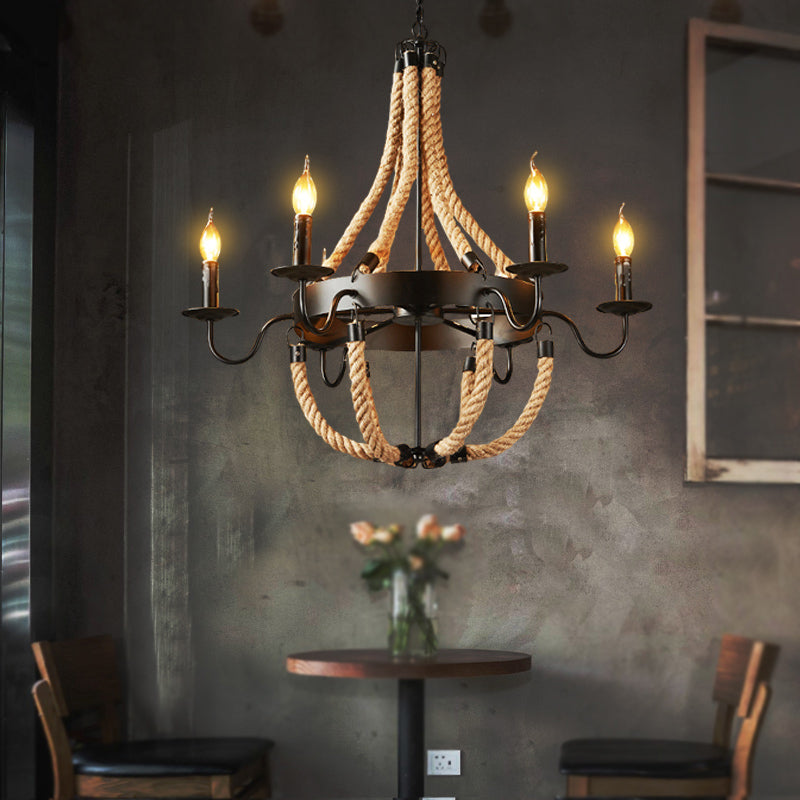 Industrial Candelabra Pendant Chandelier 6 Lights Rope Hanging Ceiling Light in Black with Metal Circle Design Clearhalo 'Ceiling Lights' 'Chandeliers' 'Industrial Chandeliers' 'Industrial' 'Middle Century Chandeliers' 'Tiffany' Lighting' 1950575