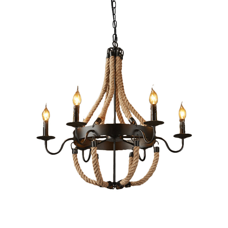 Industrial Candelabra Pendant Chandelier 6 Lights Rope Hanging Ceiling Light in Black with Metal Circle Design Clearhalo 'Ceiling Lights' 'Chandeliers' 'Industrial Chandeliers' 'Industrial' 'Middle Century Chandeliers' 'Tiffany' Lighting' 1950576