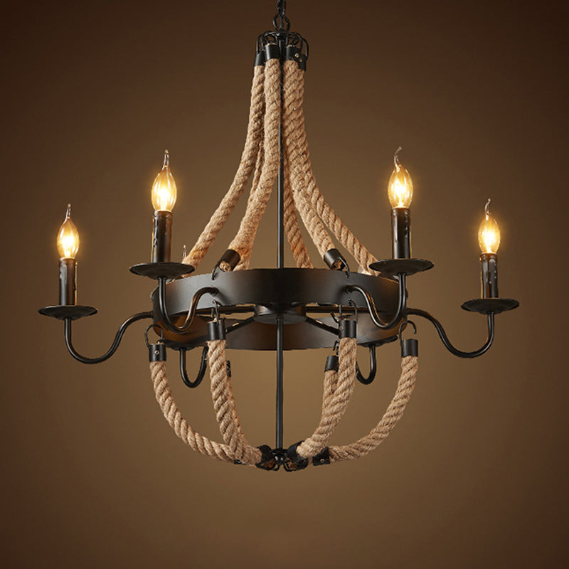 Industrial Candelabra Pendant Chandelier 6 Lights Rope Hanging Ceiling Light in Black with Metal Circle Design Clearhalo 'Ceiling Lights' 'Chandeliers' 'Industrial Chandeliers' 'Industrial' 'Middle Century Chandeliers' 'Tiffany' Lighting' 1950577