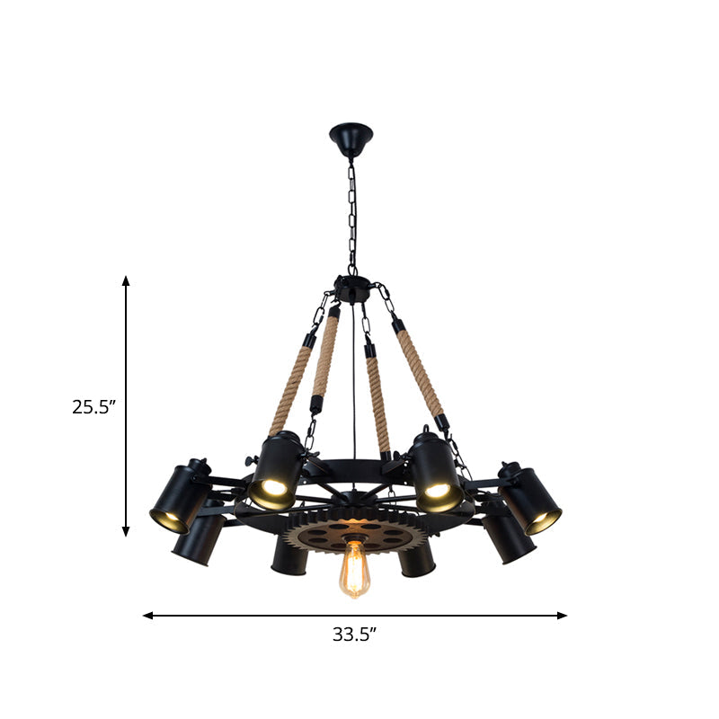 Cylinder Living Room Chandelier Light Rustic Iron 9 Heads Black Rope Ceiling Lighting Fixture with Gear Deco Clearhalo 'Ceiling Lights' 'Chandeliers' 'Industrial Chandeliers' 'Industrial' 'Middle Century Chandeliers' 'Tiffany' Lighting' 1950611