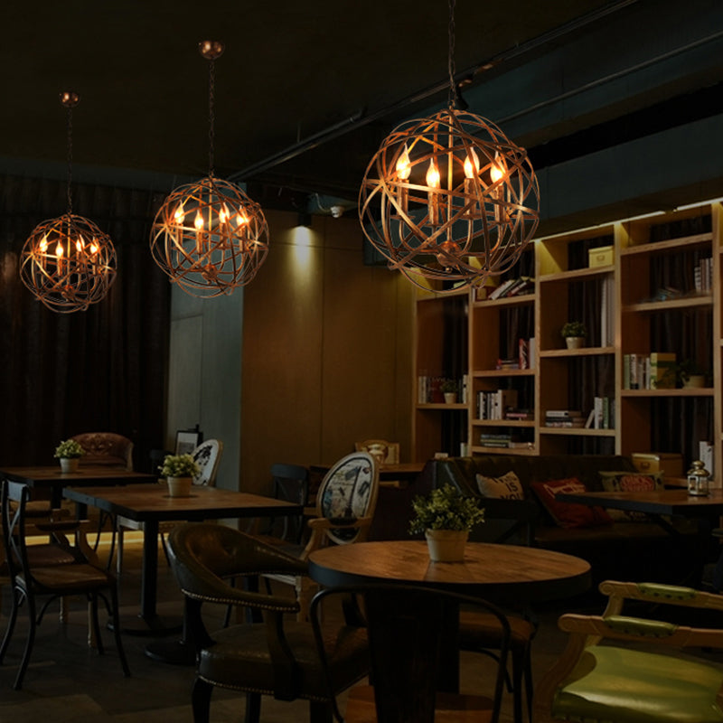 4 Lights Globe Cage Pendant Chandelier Factory Bronze Metal Ceiling Lighting Fixture for Restaurant Clearhalo 'Cast Iron' 'Ceiling Lights' 'Chandeliers' 'Industrial Chandeliers' 'Industrial' 'Metal' 'Middle Century Chandeliers' 'Rustic Chandeliers' 'Tiffany' Lighting' 1950639