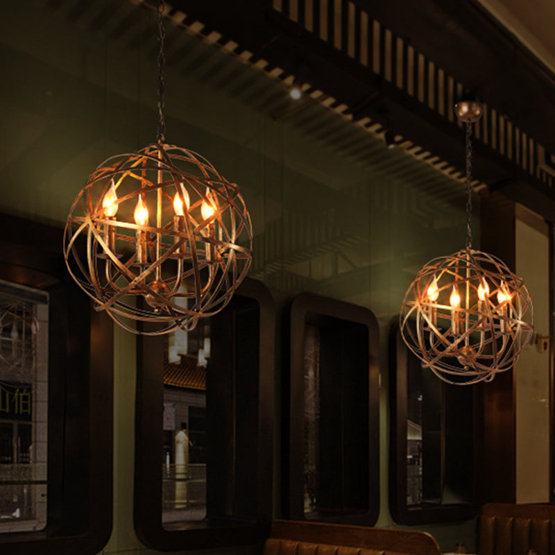 4 Lights Globe Cage Pendant Chandelier Factory Bronze Metal Ceiling Lighting Fixture for Restaurant Clearhalo 'Cast Iron' 'Ceiling Lights' 'Chandeliers' 'Industrial Chandeliers' 'Industrial' 'Metal' 'Middle Century Chandeliers' 'Rustic Chandeliers' 'Tiffany' Lighting' 1950640