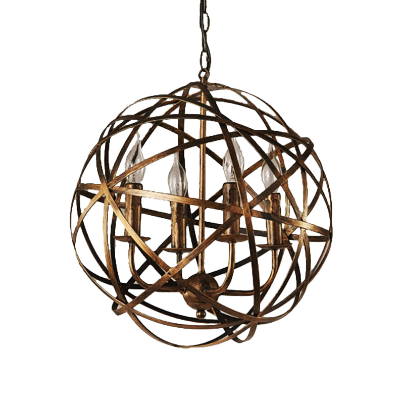 4 Lights Globe Cage Pendant Chandelier Factory Bronze Metal Ceiling Lighting Fixture for Restaurant Clearhalo 'Cast Iron' 'Ceiling Lights' 'Chandeliers' 'Industrial Chandeliers' 'Industrial' 'Metal' 'Middle Century Chandeliers' 'Rustic Chandeliers' 'Tiffany' Lighting' 1950641