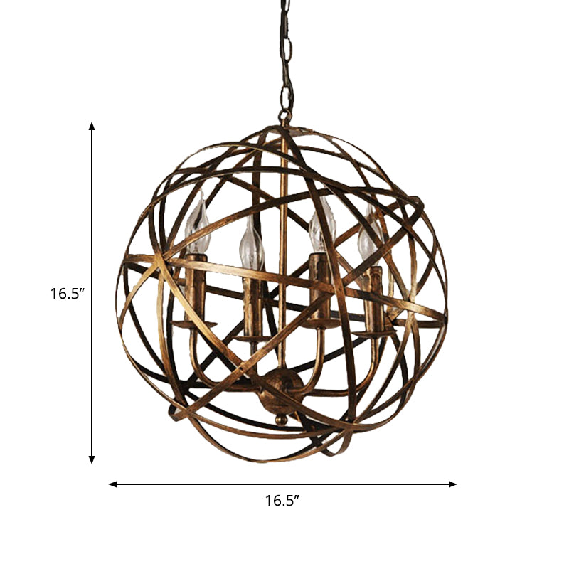 4 Lights Globe Cage Pendant Chandelier Factory Bronze Metal Ceiling Lighting Fixture for Restaurant Clearhalo 'Cast Iron' 'Ceiling Lights' 'Chandeliers' 'Industrial Chandeliers' 'Industrial' 'Metal' 'Middle Century Chandeliers' 'Rustic Chandeliers' 'Tiffany' Lighting' 1950642