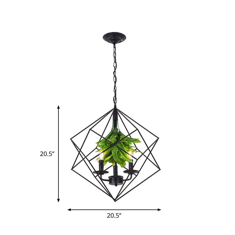 Rhombus Cage Metal Chandelier Rustic 3 Lights Restaurant Hanging Pendant Light in Black with Green Leaf Deco Clearhalo 'Cast Iron' 'Ceiling Lights' 'Chandeliers' 'Industrial Chandeliers' 'Industrial' 'Metal' 'Middle Century Chandeliers' 'Rustic Chandeliers' 'Tiffany' Lighting' 1950661