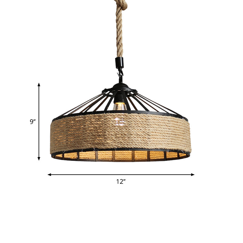 Black 1 Light Pendant Lighting Farmhouse Rope Cone Cage Iron Hanging Lamp Kit for Dining Room, 12