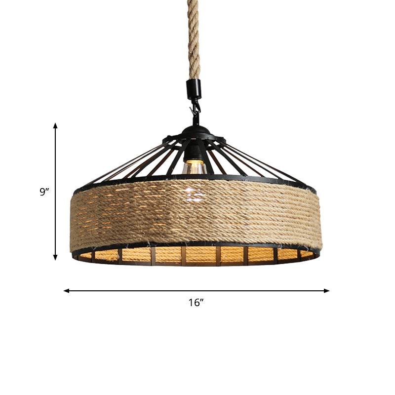 Black 1 Light Pendant Lighting Farmhouse Rope Cone Cage Iron Hanging Lamp Kit for Dining Room, 12