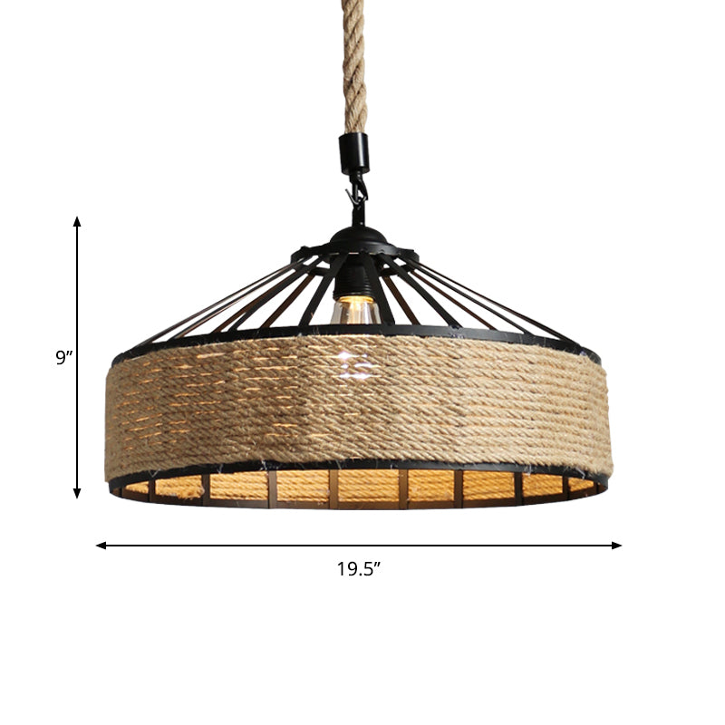 Black 1 Light Pendant Lighting Farmhouse Rope Cone Cage Iron Hanging Lamp Kit for Dining Room, 12