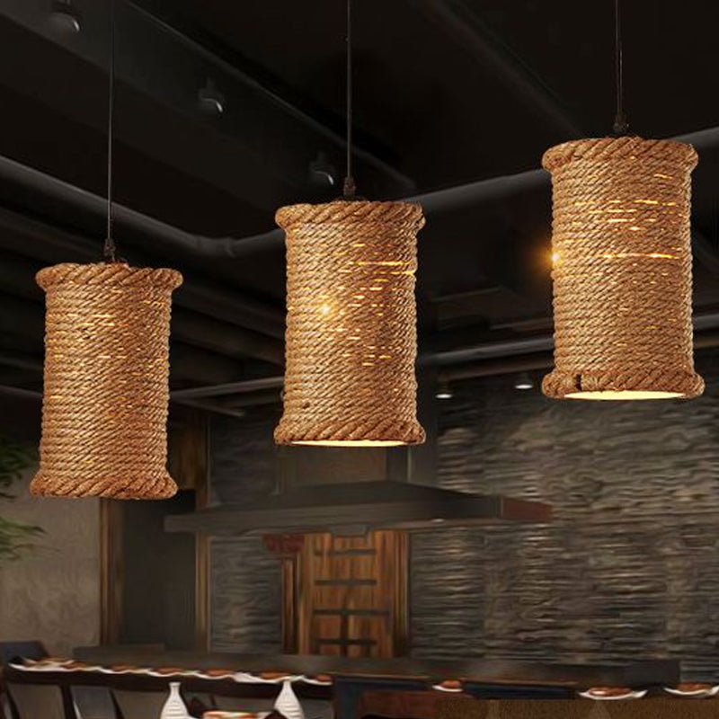 Brown Cylinder Ceiling Pendant Light Farm Style Rope 1 Head Dining Room Metal Hanging Lighting Clearhalo 'Ceiling Lights' 'Industrial Pendants' 'Industrial' 'Middle Century Pendants' 'Pendant Lights' 'Pendants' 'Tiffany' Lighting' 1950709