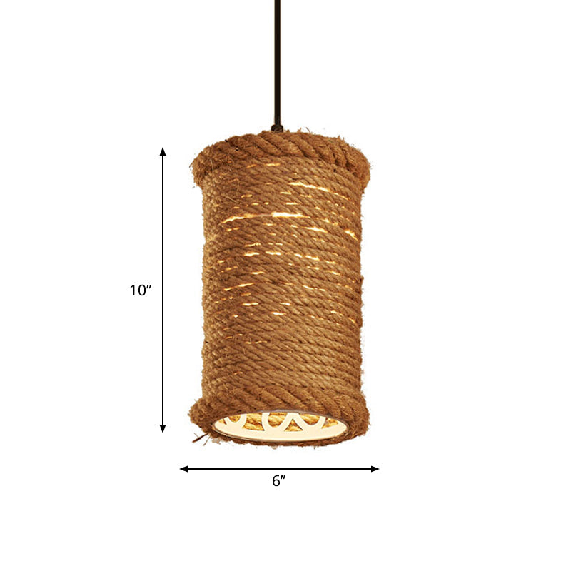 Brown Cylinder Ceiling Pendant Light Farm Style Rope 1 Head Dining Room Metal Hanging Lighting Clearhalo 'Ceiling Lights' 'Industrial Pendants' 'Industrial' 'Middle Century Pendants' 'Pendant Lights' 'Pendants' 'Tiffany' Lighting' 1950711