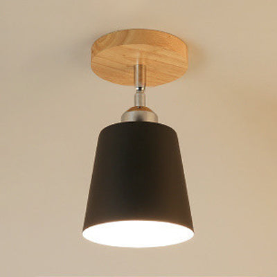 1 Bulb Close to Ceiling Light Nordic Tapered Shade Metal Semi-Flush Mount Light with Wooden Canopy in Black/White Black Clearhalo 'Ceiling Lights' 'Close To Ceiling Lights' 'Close to ceiling' 'Semi-flushmount' Lighting' 19548