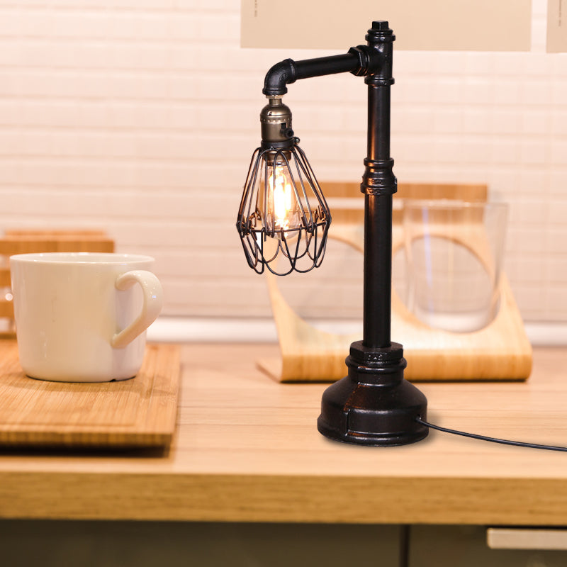 Rustic Stylish Wire Frame Table Light 1 Head Metal Standing Table Lamp with Plumbing Pipe in Black Black Clearhalo 'Lamps' 'Table Lamps' Lighting' 195527