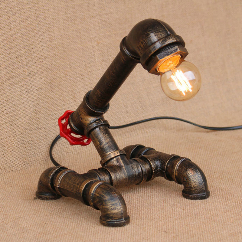 Steampunk Exposed Bulb Table Light with Pipe-Like Base 1 Head Wrought Iron Standing Lamp in Bronze Bronze A Clearhalo 'Lamps' 'Table Lamps' Lighting' 195631