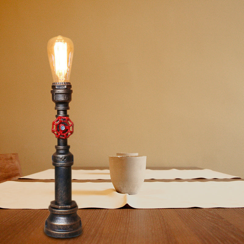 1 Bulb Plumbing Pipe Table Light with Open Bulb and Valve Industrial Bronze Metallic Standing Light Bronze Clearhalo 'Lamps' 'Table Lamps' Lighting' 195730