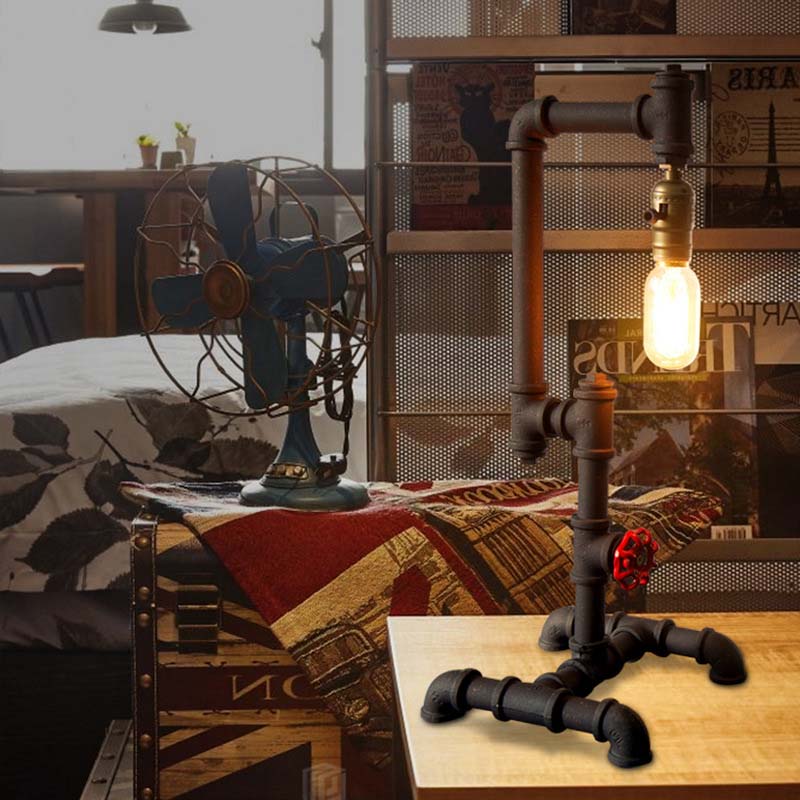 1 Light Standing Light Industrial Style Pipe Design Metallic Table Light with Red Valve in Dark Rust for Living Room Rust Clearhalo 'Lamps' 'Table Lamps' Lighting' 195741