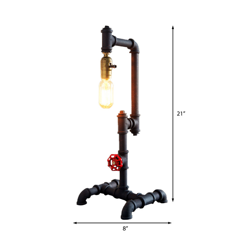 1 Light Standing Light Industrial Style Pipe Design Metallic Table Light with Red Valve in Dark Rust for Living Room Clearhalo 'Lamps' 'Table Lamps' Lighting' 195744