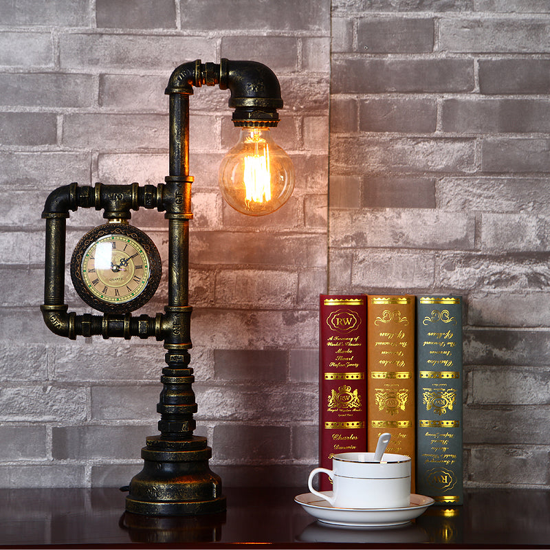 Brass 1 Head Table Light Rustic Style Wrought Iron Water Pipe Table Lamp with Clock Decoration Brass Clearhalo 'Lamps' 'Table Lamps' Lighting' 195747