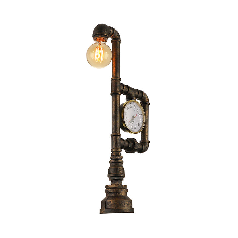 Brass 1 Head Table Light Rustic Style Wrought Iron Water Pipe Table Lamp with Clock Decoration Clearhalo 'Lamps' 'Table Lamps' Lighting' 195749