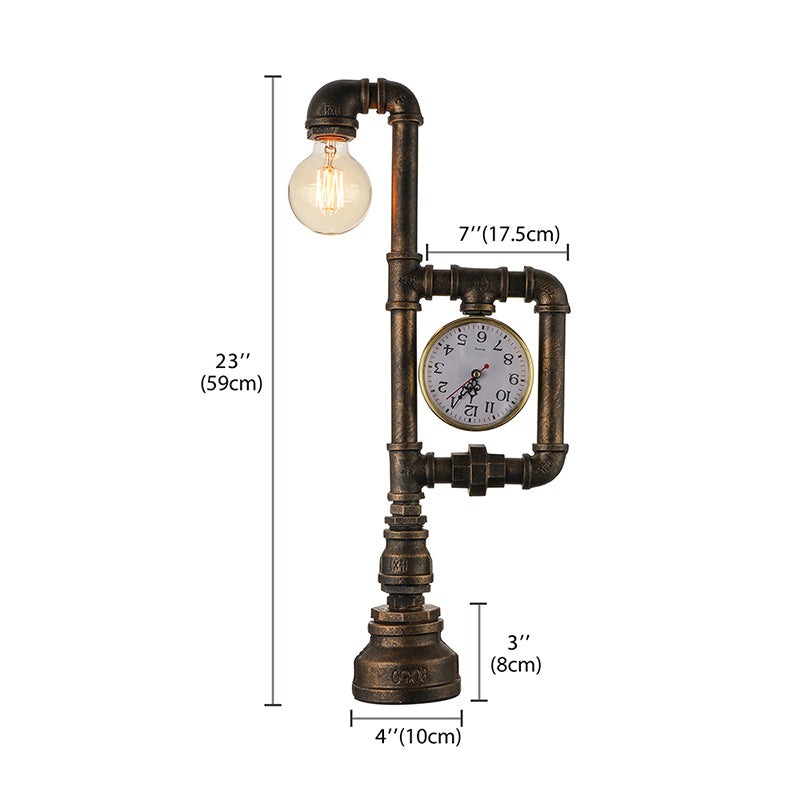 Brass 1 Head Table Light Rustic Style Wrought Iron Water Pipe Table Lamp with Clock Decoration Clearhalo 'Lamps' 'Table Lamps' Lighting' 195751