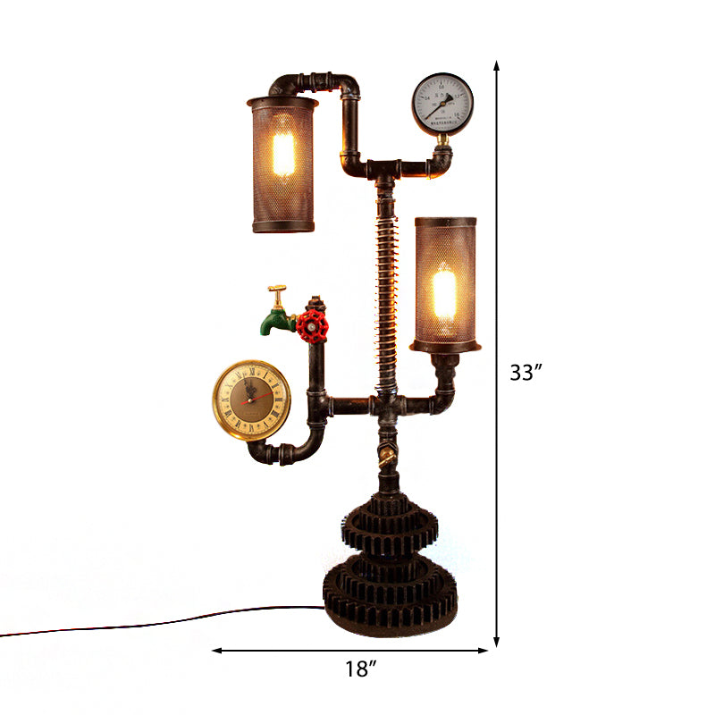 2 Lights Steampunk Table Light with Cylindrical Mesh Shade Industrial Style Aged Silver Metal Table Lamp Clearhalo 'Lamps' 'Table Lamps' Lighting' 195761