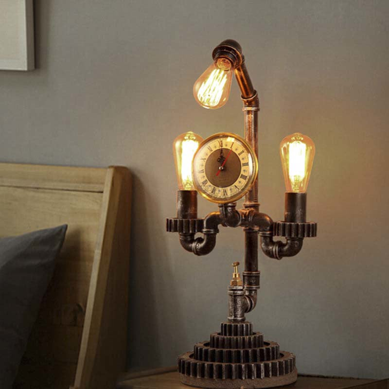 Water Pipe Bedroom Table Lamp with Gear Design and Clock Vintage Metal 3-Light Black Standing Lighting Black Clearhalo 'Lamps' 'Table Lamps' Lighting' 195772